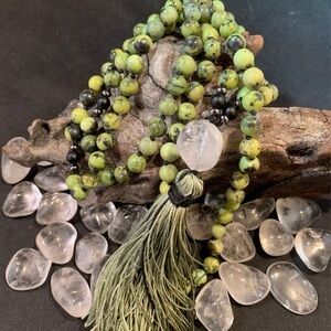 Handmade Nylon Cord Knotted Chrysoprase Bead Mala 108 / Silk Tassel Necklace